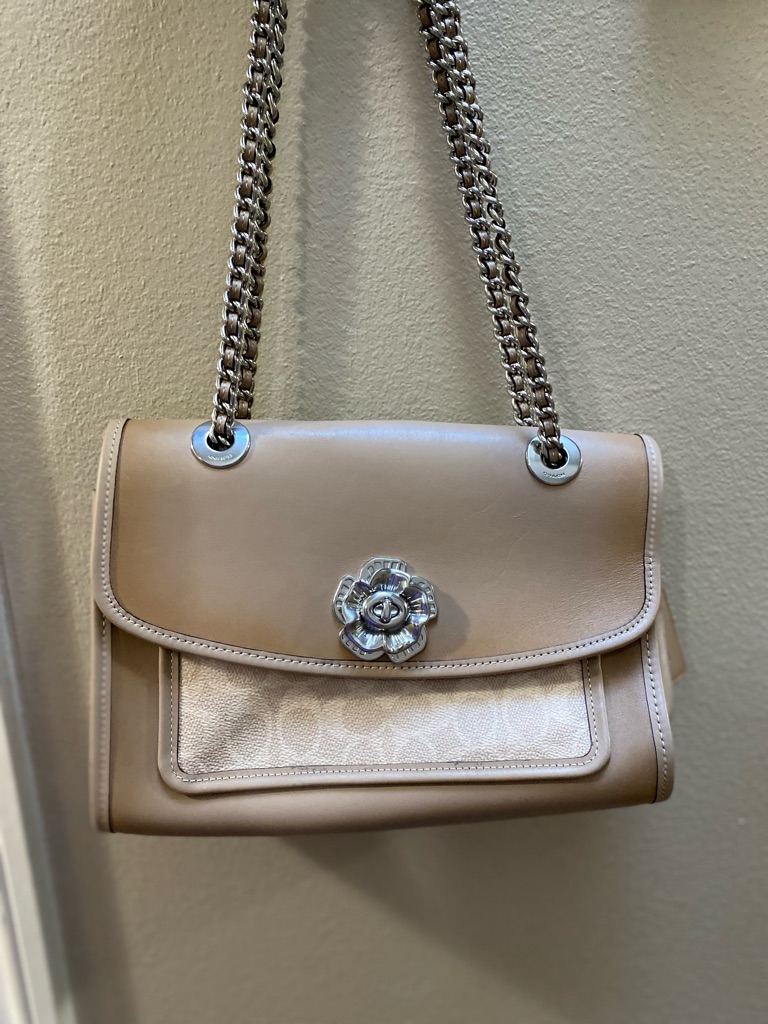 Coach Parker Leather Shoulder Bag In Sand Taupe W/ Silver Tea Rose Turnlock
